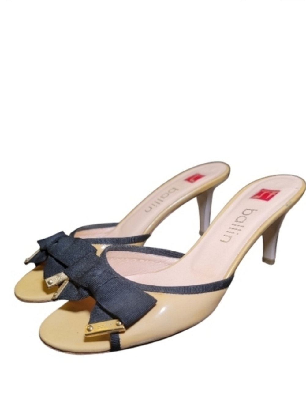 Ballin Made In Italy Nude Patent Leather Black Bow Sandals Size 37 US 7